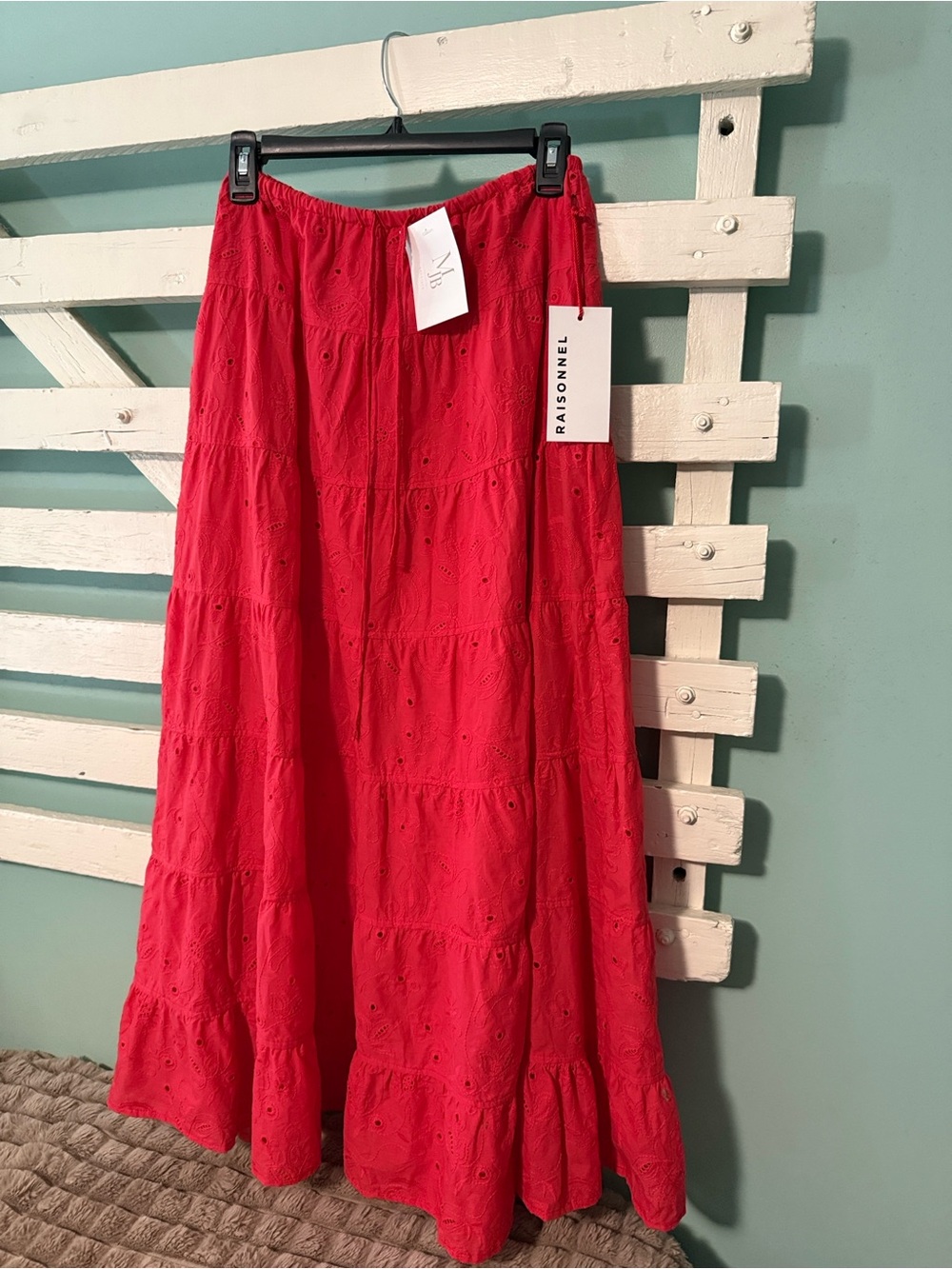 Raisonnel Red Eyelet Tiered Maxi Skirt